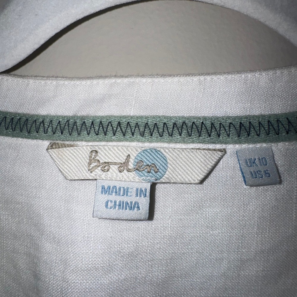 Boden White 100% Linen Ruffle Front Roll Tab Sleeve Blouse Womens US 6 UK 10 - Picture 5 of 14